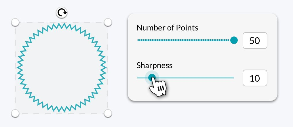 A screenshot of the star tool window in the Glowforge App with values typed in to adjust the number of points and sharpness of the star