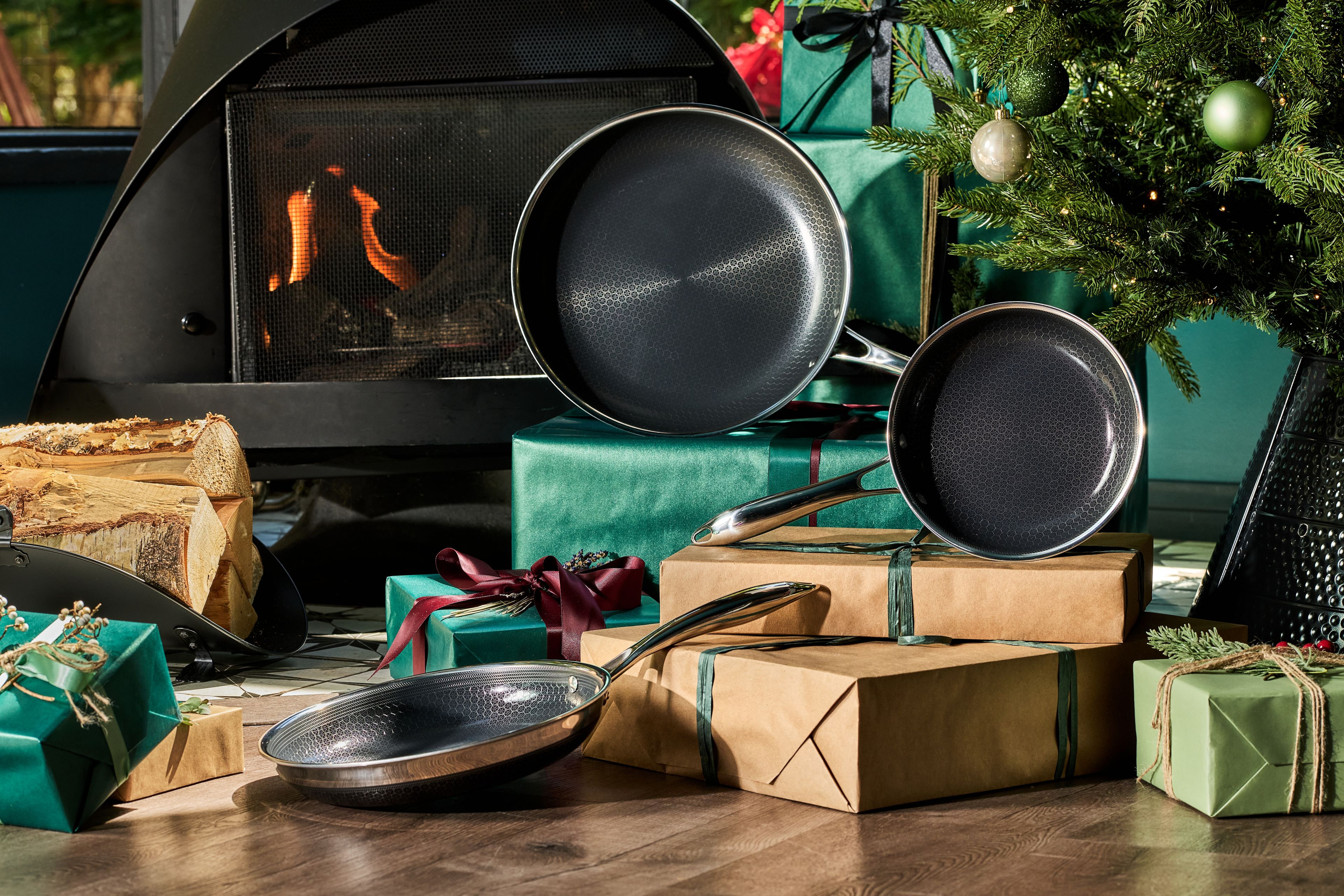 Close-up of a stainless steel frying pan with a textured bottom and a smooth handle.