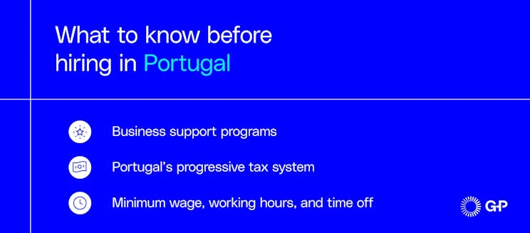 What to know before hiring in Portugal including business support, progressive tax system, minimum wage, working hours, and time off.