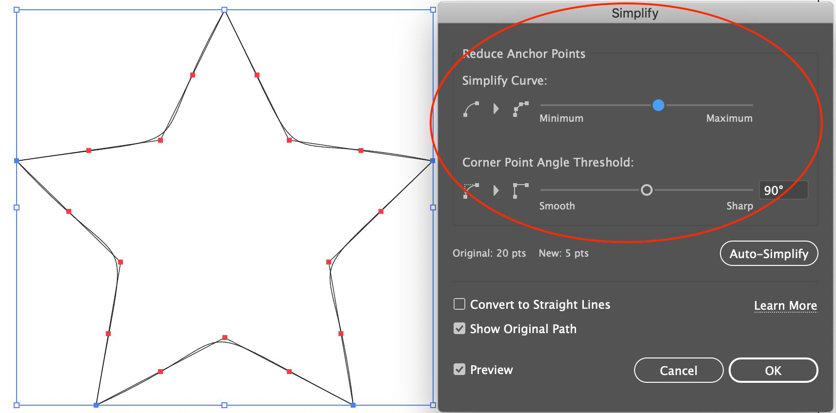 Screenshot of the expanded path simplify options in Illustrator