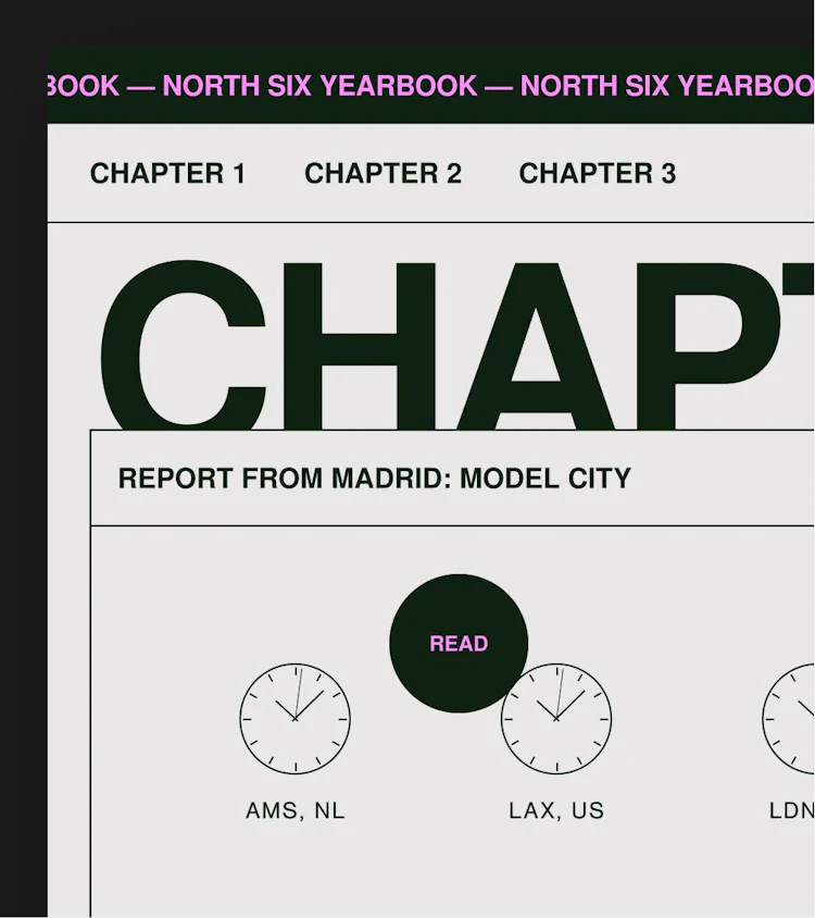 This image shows a digital display of a book titled "North Six Yearbook" with three chapters listed as Chapter 1, Chapter 2, and Chapter 3.
