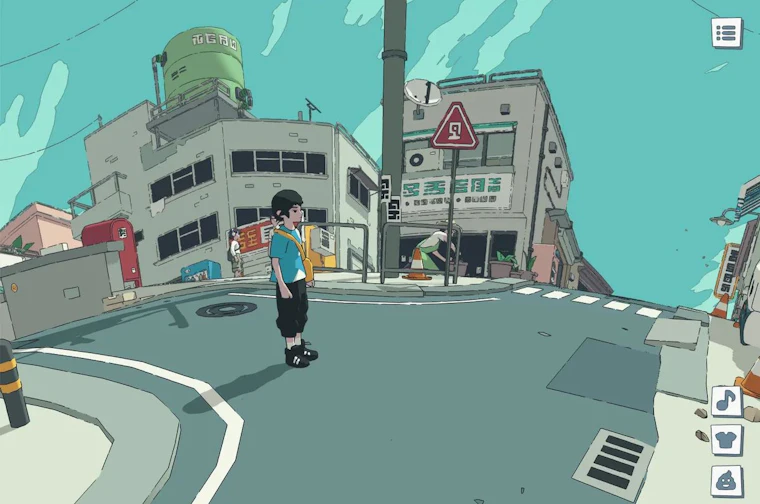 An illustrated figure with a yellow backpack standing at an empty road junction in a small town, drawn in a flat hand-painted style