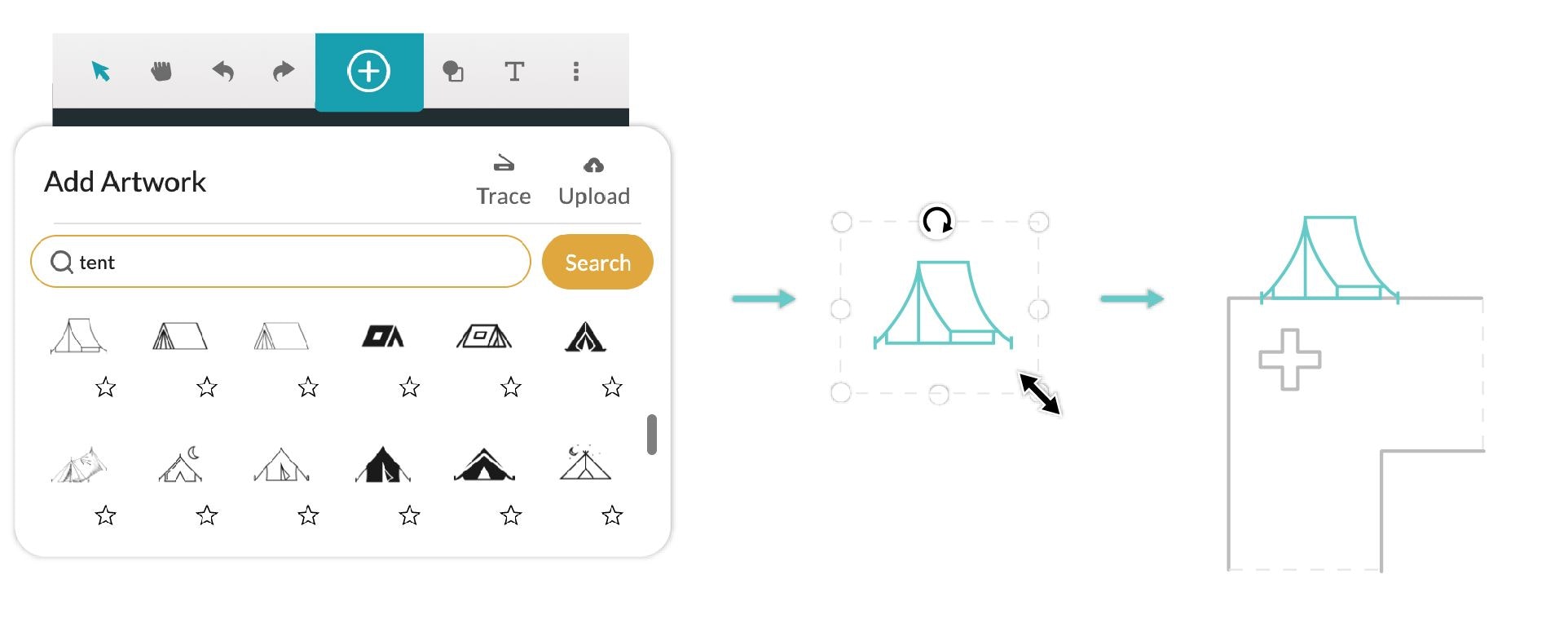 A screenshot showing using the + button and search feature to select clipart of a tent in the Glowforge App