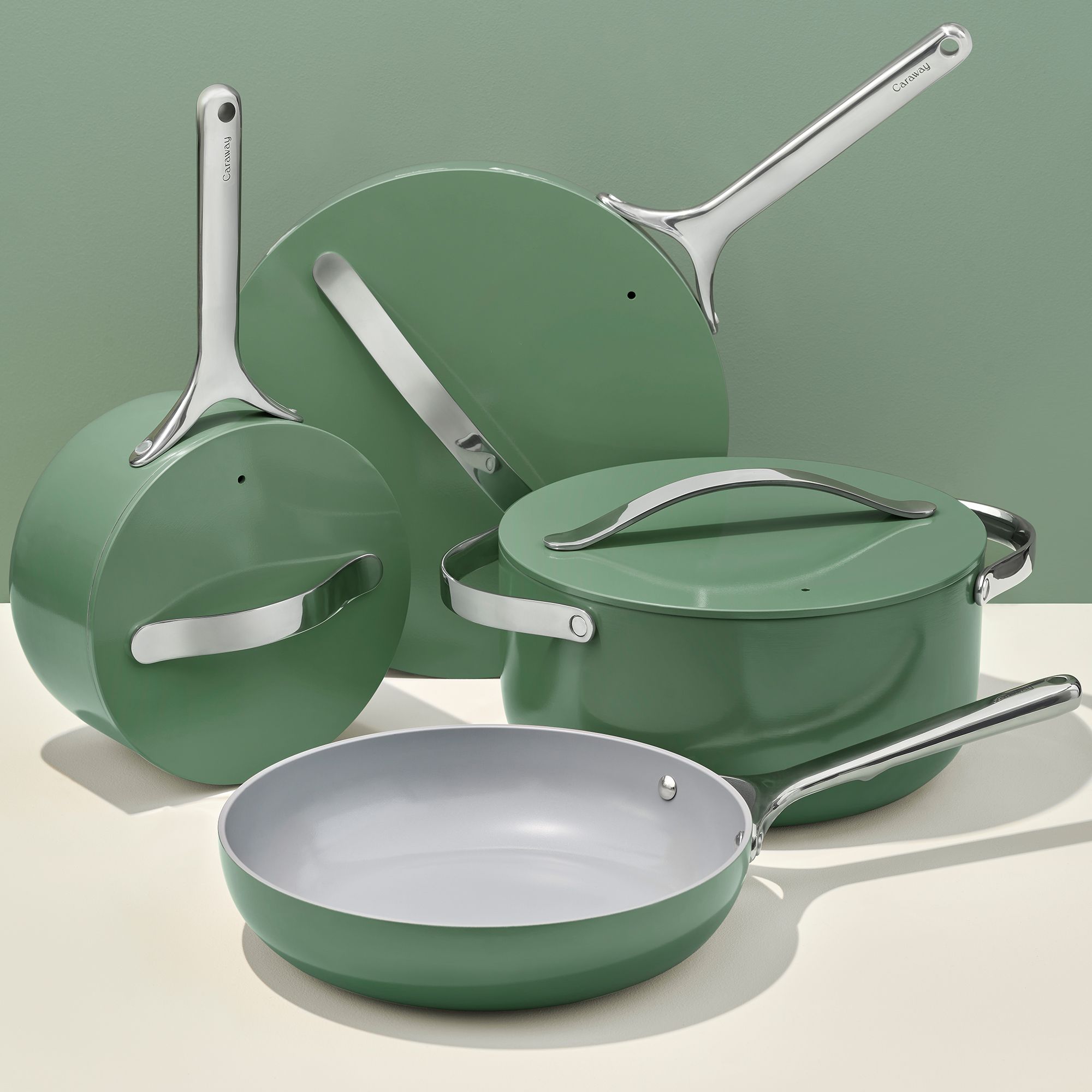12 Piece Cookware Set In Sage | Non-Stick, Non-Toxic, PFAS-Free Ceramic Cookware | Induction-Compatible For Healthy Cooking | Caraway