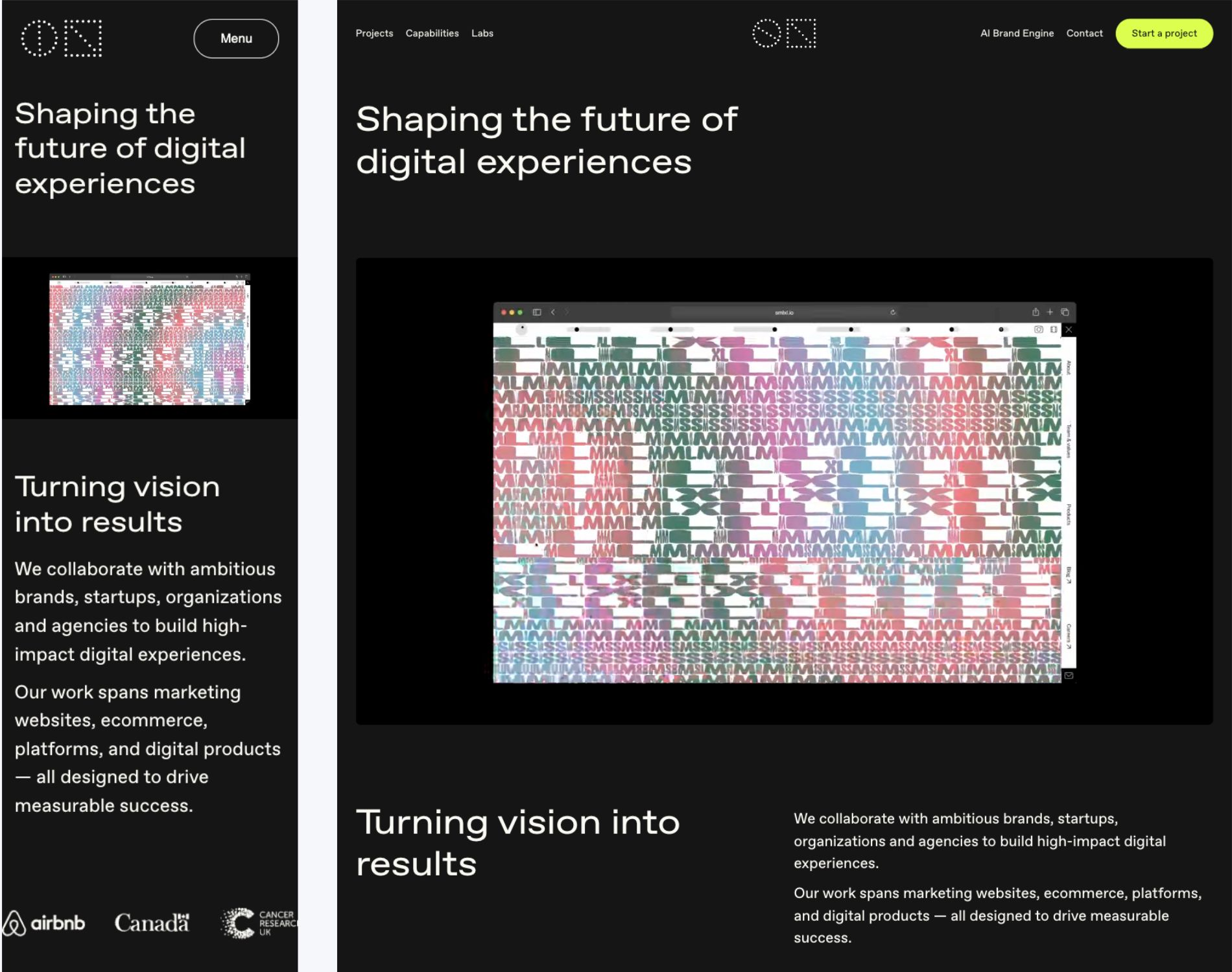 Side-by-side: the same case study page at mobile (375px) and desktop (1440px). Modules reflow and spacing stays proportional.