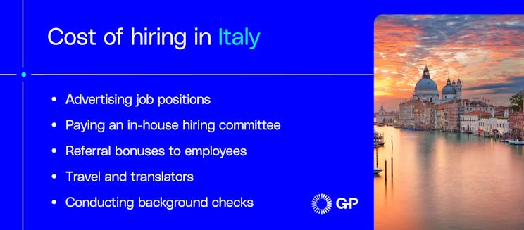 An infographic on the cost of hiring in Italy, listing expenses like advertising and background checks, next to a photo of Venice's Grand Canal.