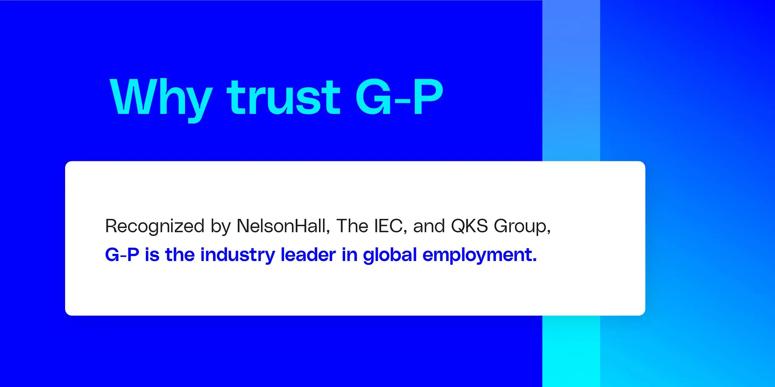 A trust badge for G-P, an Employer of Record (EOR), highlighting its recognition as an industry leader in global employment by firms like NelsonHall, The IEC, and QKS Group.