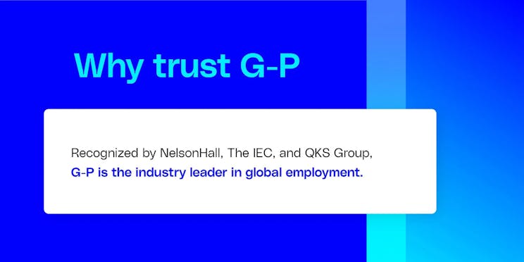 A trust badge for G-P, an Employer of Record (EOR), highlighting its recognition as an industry leader in global employment by firms like NelsonHall, The IEC, and QKS Group.
