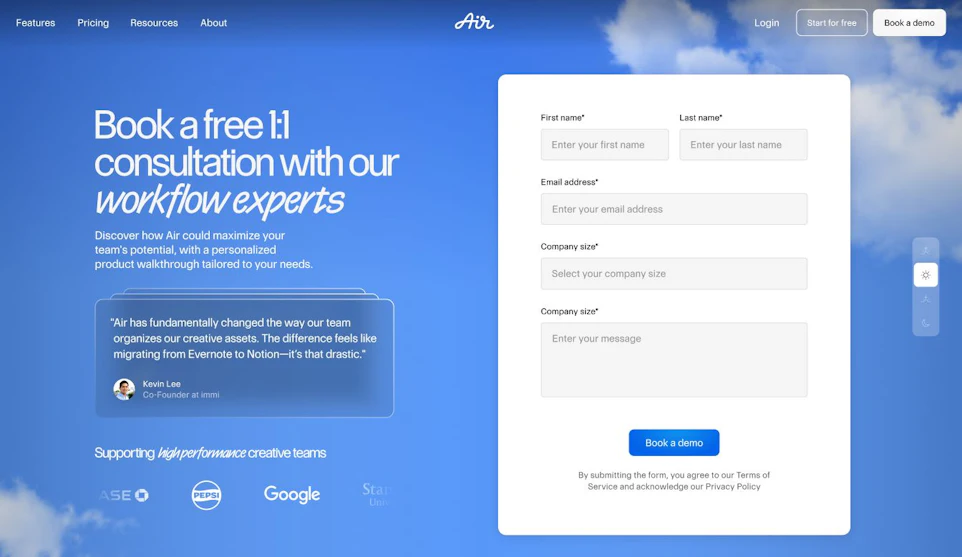 A webpage with a blue sky background featuring a promotional banner for booking a free consultation with workflow experts