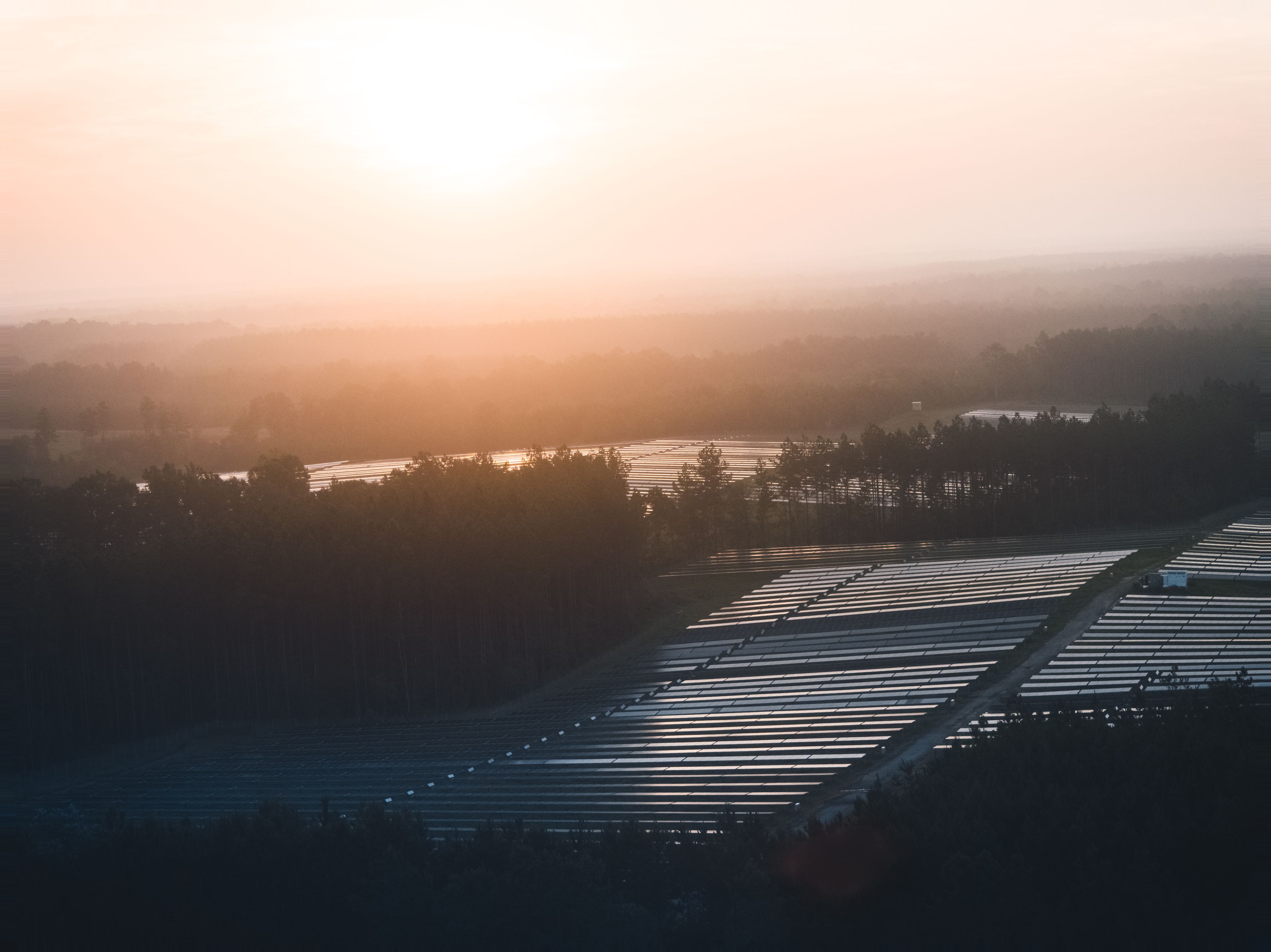 This image shows a serene landscape at sunset. The scene depicts a vast expanse of solar panels arranged in rows, nestled amidst a forested area. The solar panels reflect the warm, golden hues of the setting sun, creating a visually striking contrast against the surrounding trees and hazy, atmospheric backdrop. The layout of the solar panels suggests a large-scale renewable energy installation, likely a solar farm, situated in a picturesque natural setting. The overall composition conveys a sense of harmony between technology and the natural environment, highlighting the potential for sustainable energy solutions to coexist with and complement the beauty of the natural world.