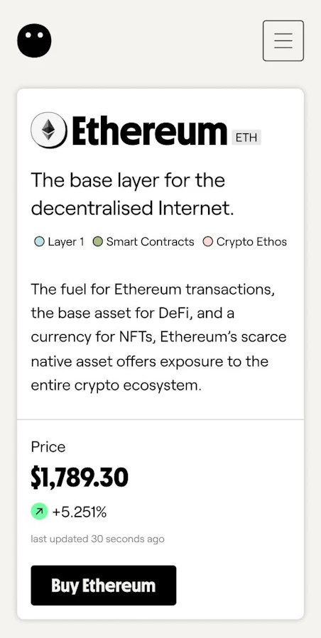 A cryptocurrency information card for Ethereum (ETH)