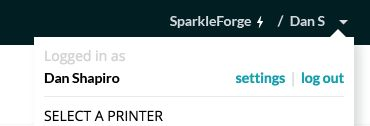 screenshot of accessing settings by clicking the drop-down next to the user name in the top-right corner of the glowforge app