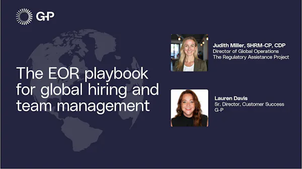 Feature-afbeelding voor het Employer of Record-speelboek voor wereldwijde werving, met een discussie tussen G-P en het Regulatory Assistance Project