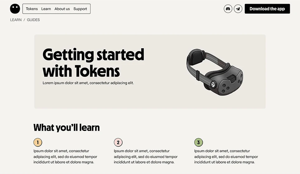 A webpage with a header containing navigation links for "Tokens", "Learn", "About us", and "Support", along with a "Download the app" button