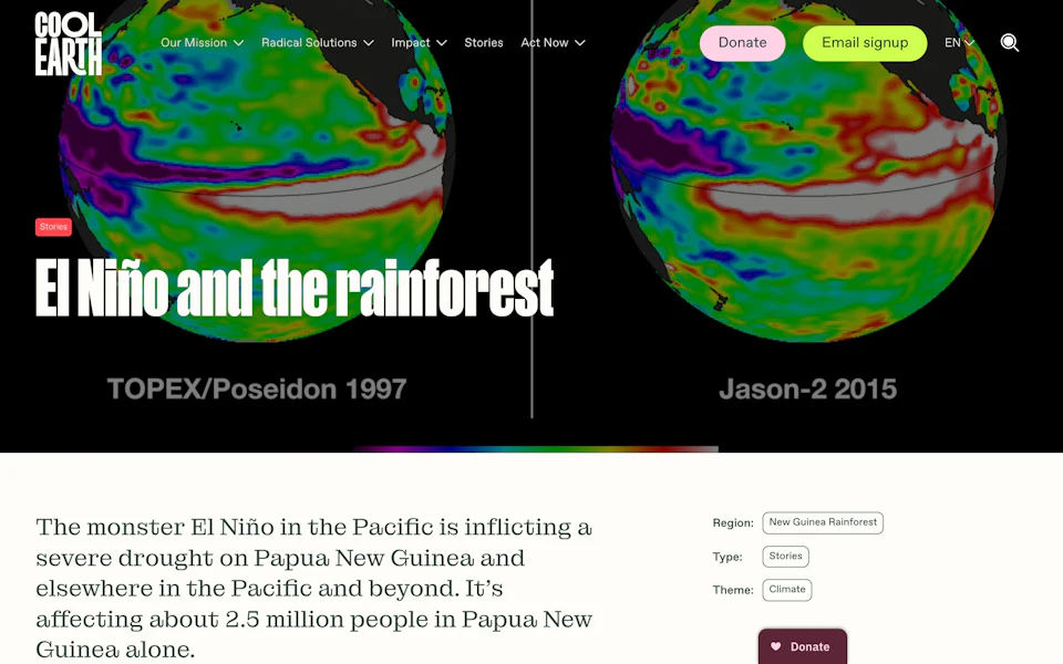 Cool Earth’s “El Niño and the rainforest” page: NASA sea-surface maps of the 1997 and 2015 El Niños over the title, the opening paragraph beneath, and Region, Type and Theme tags beside it.