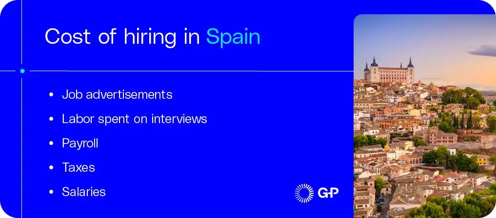 Cost of hiring in Spain like posting jobs, applicant review, taxes, and salaries.