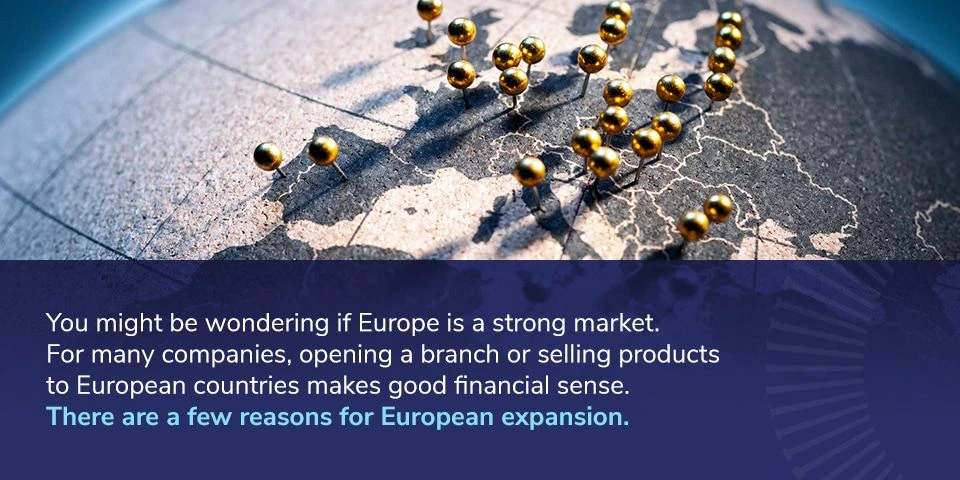 A globe of Europe with potential market locations pinned in it. 