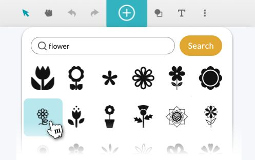 A screenshot showing using the + button and search feature to select clipart of a flower in the Glowforge App