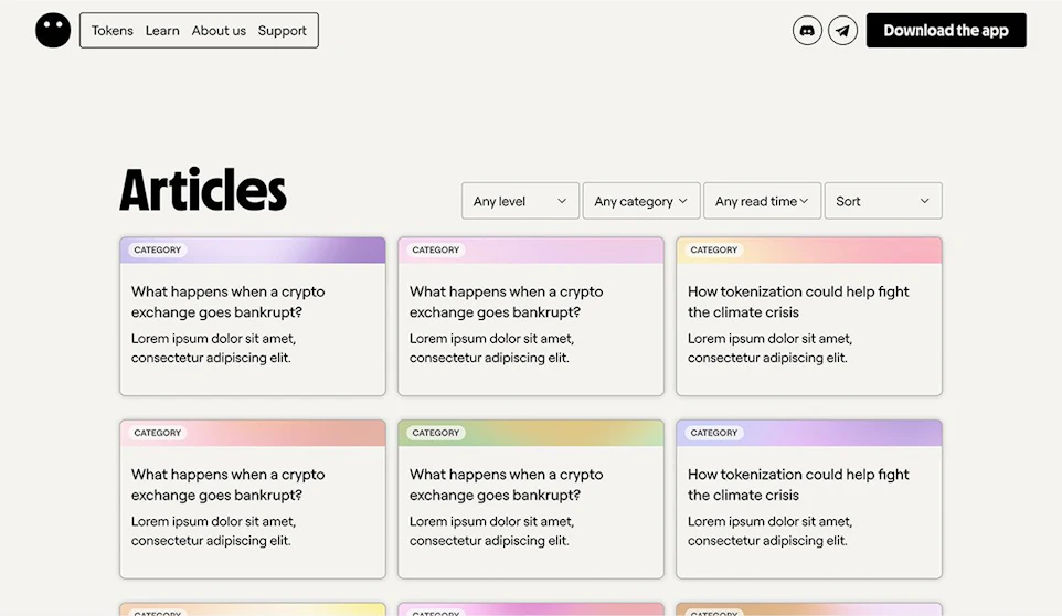 A webpage with a heading "Articles" and several article previews below it