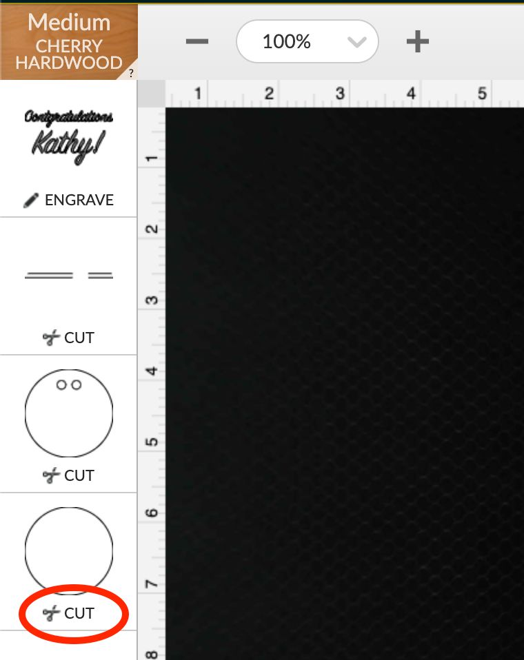 A screenshot of the print steps on the left side of the Glowforge App workspace. The word Cut below a thumbnail of a circle is highlighted.