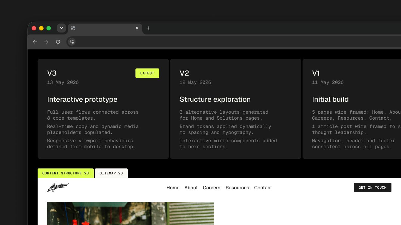 Interactive wireframe interface showing AI-assisted exploration and real-time design system iteration