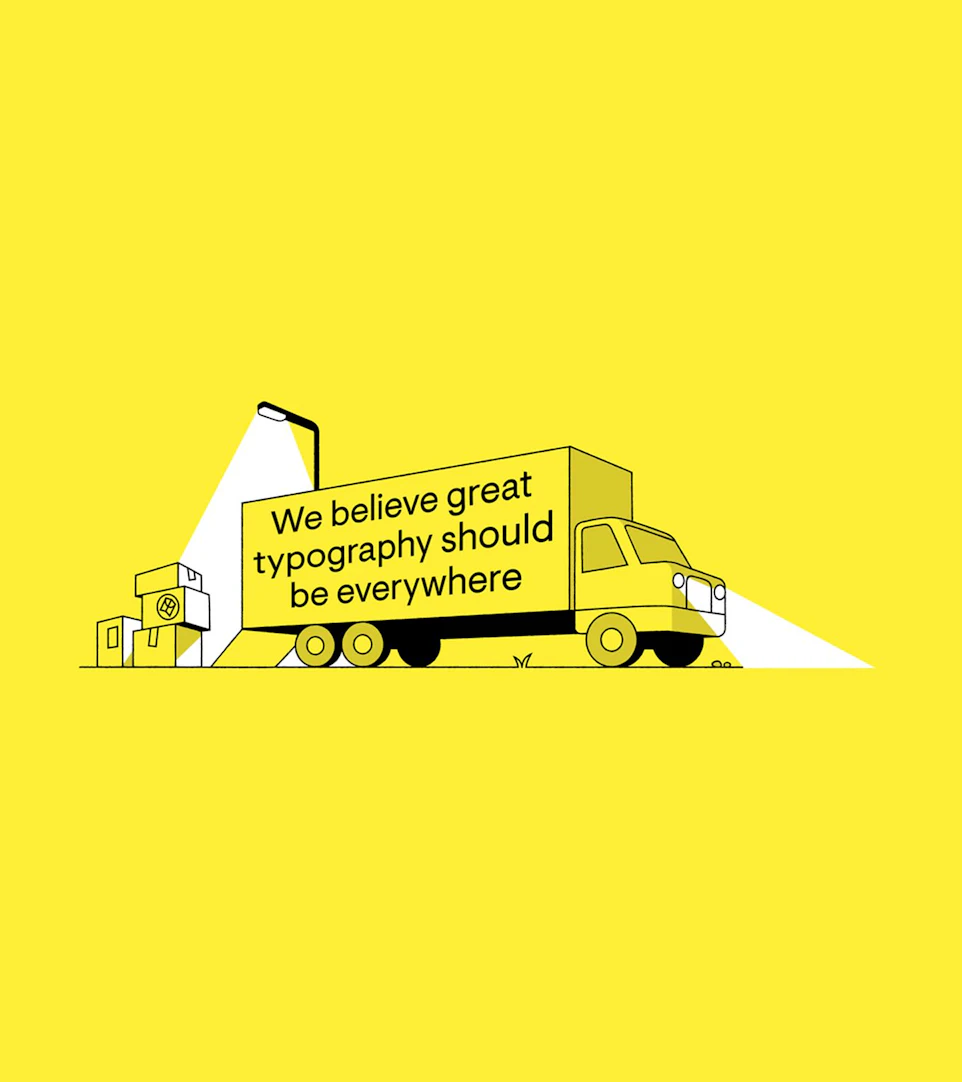A stylized illustration of a delivery truck on a yellow background