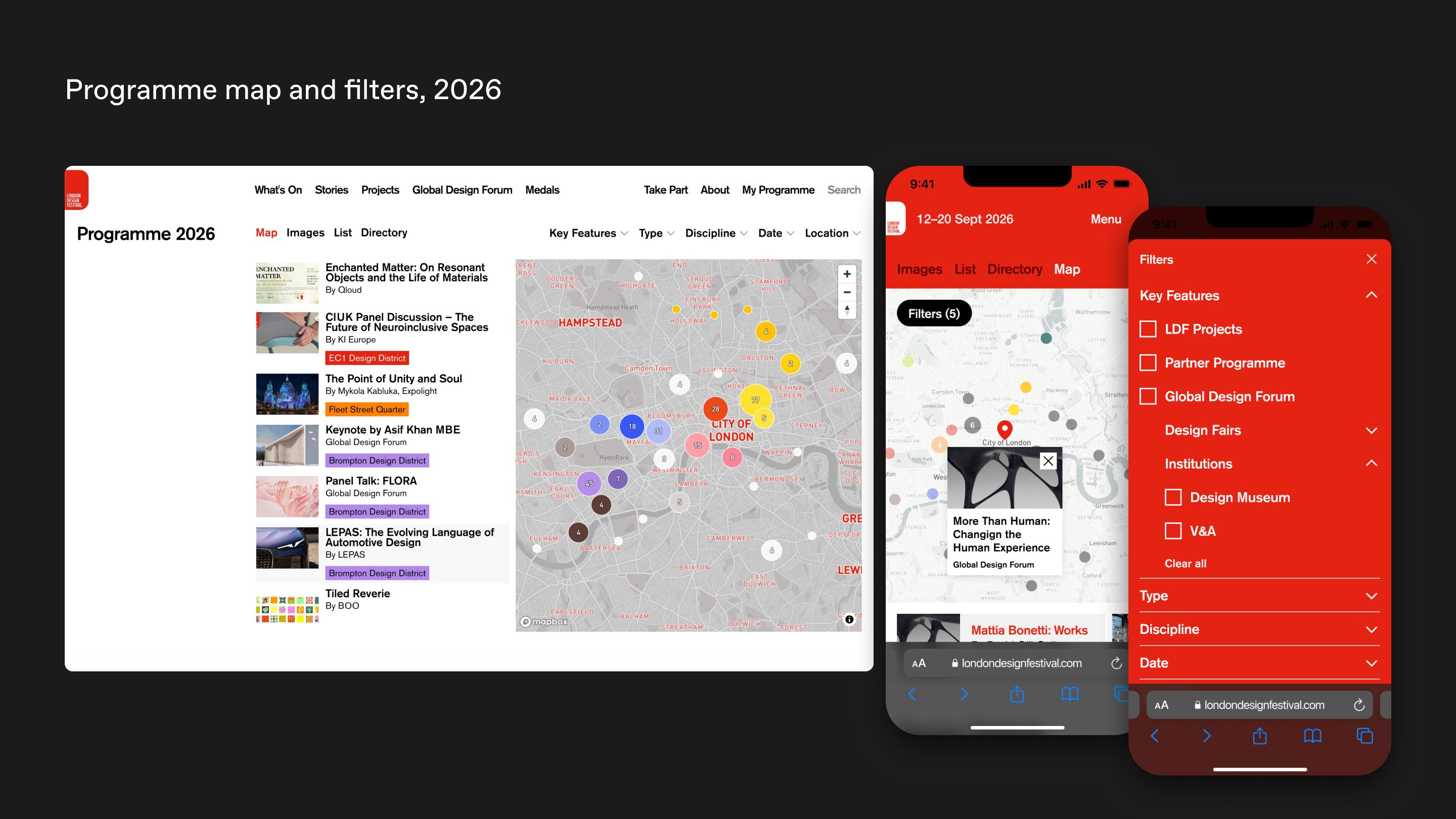 Desktop and mobile London Design Festival programme screens showing a map, list view and expanded red filter panel for districts, fairs and Global Design Forum content.