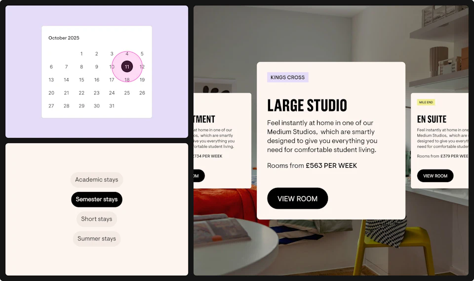 Scape’s booking flow on a cream ground: a month calendar with a move-in date picked, beside room cards for a Large Studio and an Ensuite, each with its weekly price.