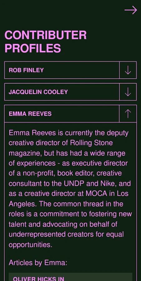 Webpage section titled "CONTRIBUTER PROFILES" with three contributor names listed: Rob Finley, Jacquelin Cooley, and Emma Reeves