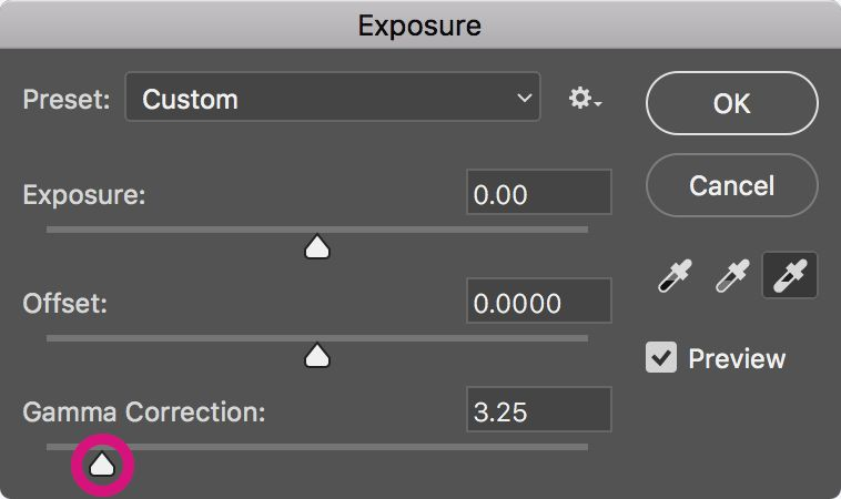 exposure adjustment dialogue window in Photoshop