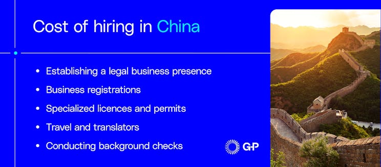 Biaya perekrutan di China termasuk pendirian badan hukum, peraturan bisnis, lisensi dan izin, perjalanan, dan pemeriksaan latar belakang.