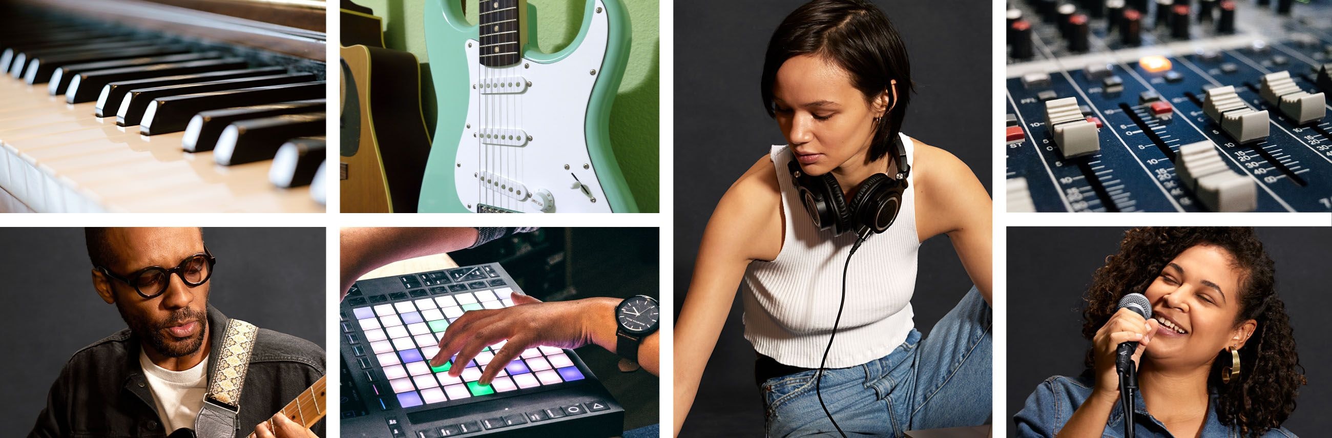 7-image collage of musicians and instruments