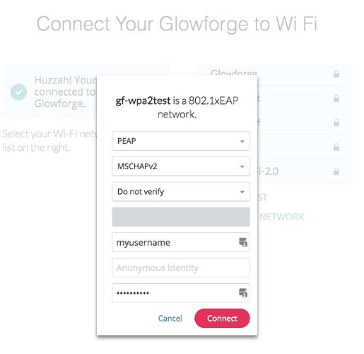 Screenshot from the Glowforge App showing a window for connecting to an enterprise network
