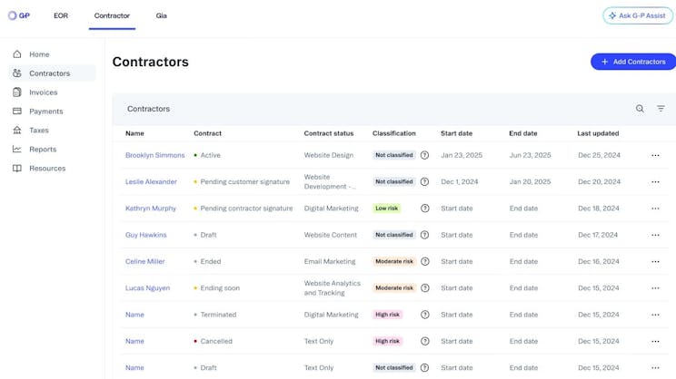Image of G-P Contractor contract management table in platform