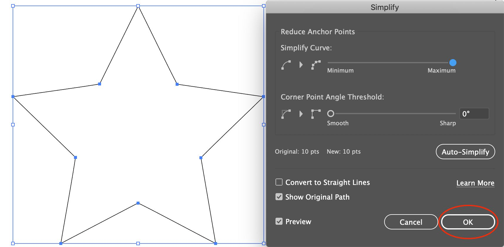Screenshot of the expanded simplify path options in Illustrator and a star that has been simplified.