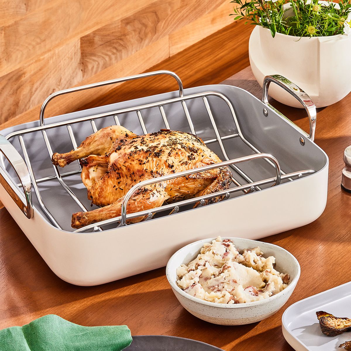 Caraway Home 16x13" Roasting Pan In Cream | Non-Stick, Non-Toxic, PFAS-Free Ceramic Pan + Wire Rack | Induction-Compatib
