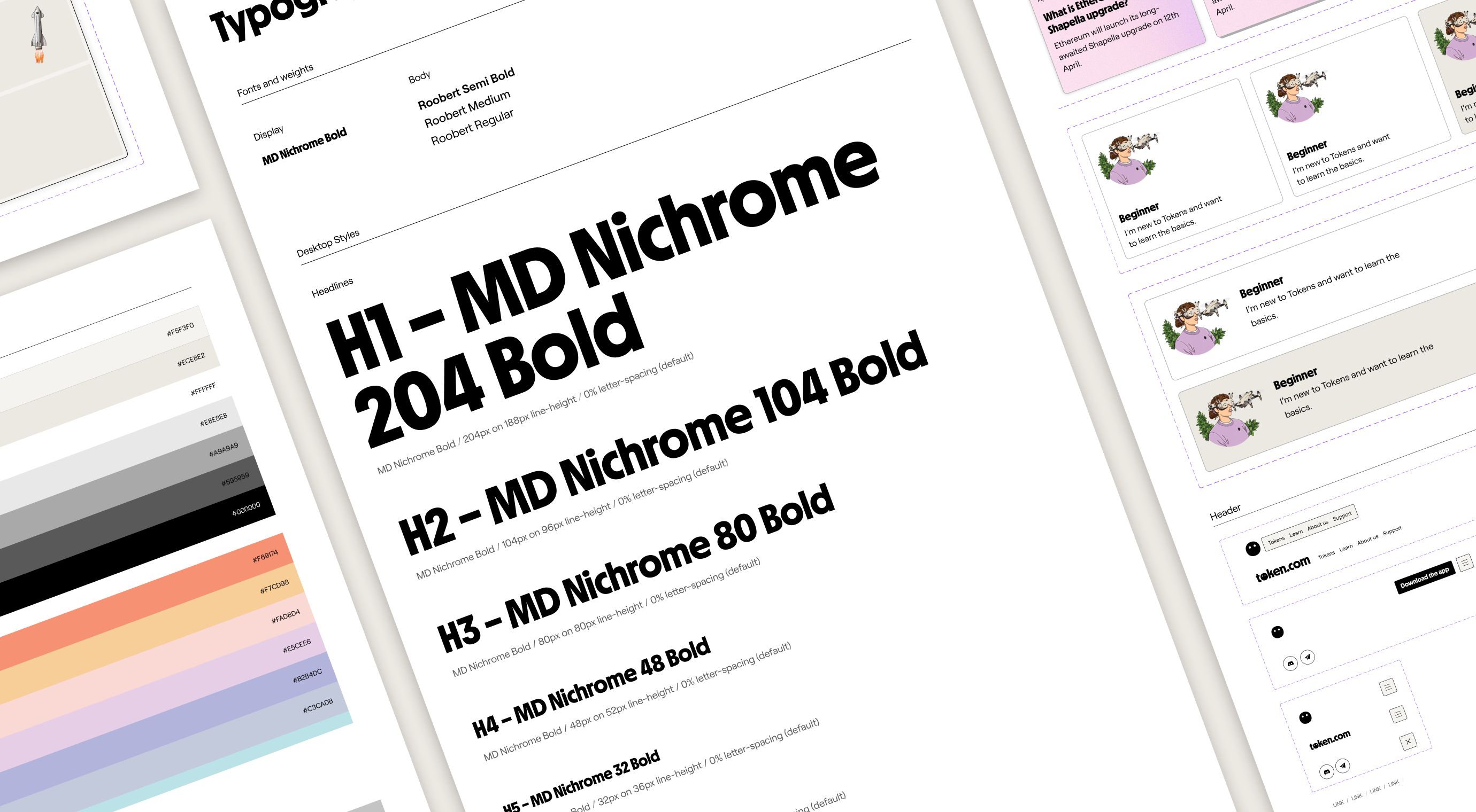 Token.com’s design system laid out on one board — the heading type scale in MD Nichrome, the colour palette and the interface components beside it