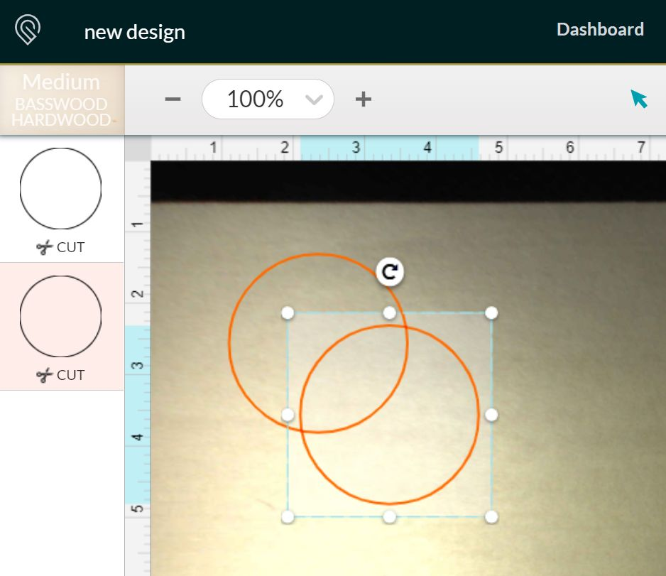 A screenshot from the Glowforge App showing a circle and a copy of the circle.