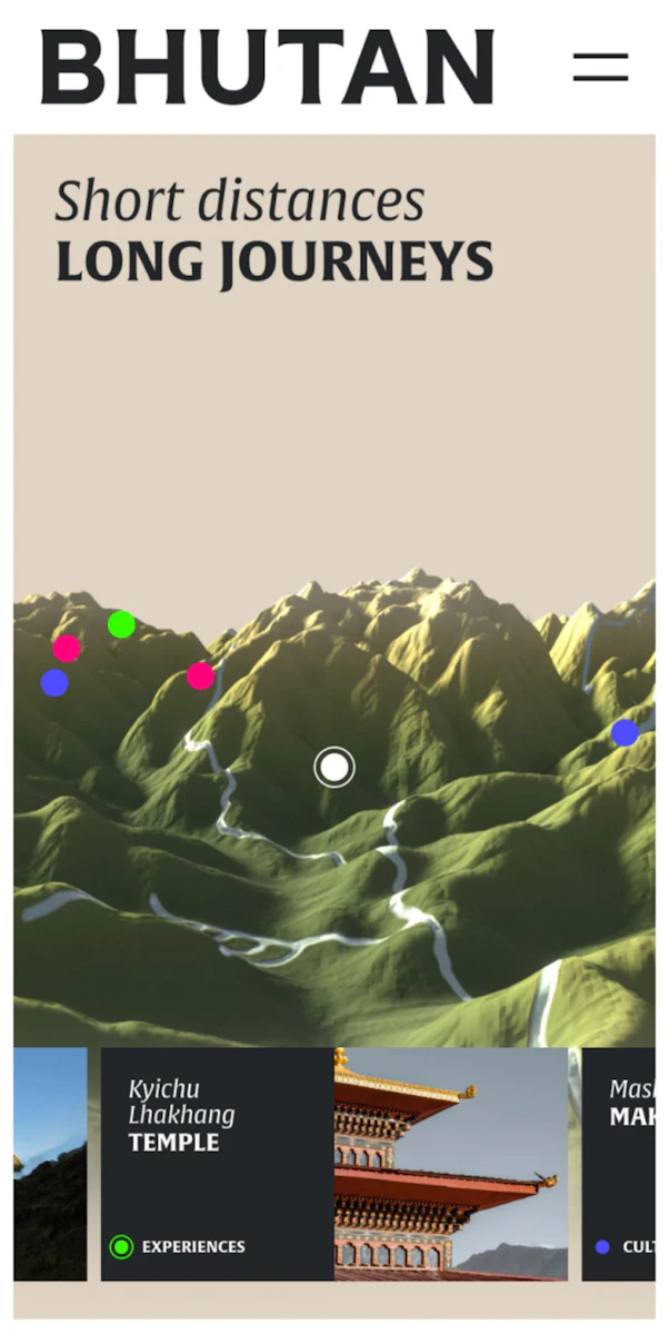 A promotional poster for Bhutan, featuring a scenic landscape with mountains and a winding path