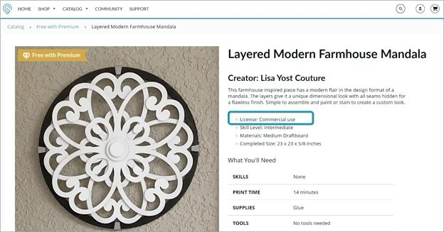 Screenshot from Glowforge catalog of example design available for commercial use