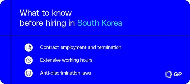 What to know before hiring in  South Korea from contracts, to working hours and anti-discrimination laws.