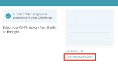 Screenshot from the Wi-Fi setup process. The network list is blank, and the join other network button is highlighted