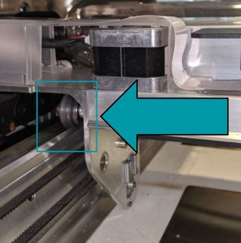 The left side of a Glowforge Laser arm. A v-notched wheel on the left side of the arm is circled.