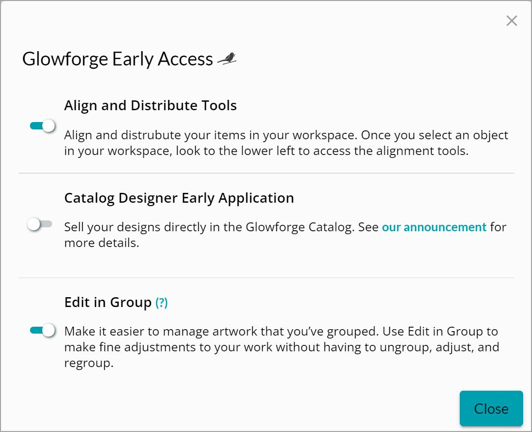 Screenshot of the early access menu in the Glowforge App