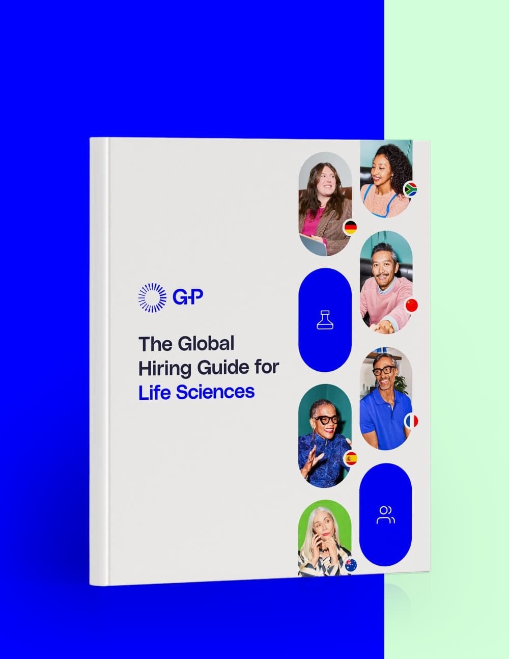 The Global Hiring Guide for Life Sciences." White/blue design with a "G·P" logo. Features several circular images of diverse individuals on the right. Clean, professional, sans-serif font. Aimed at a business/scientific audience.