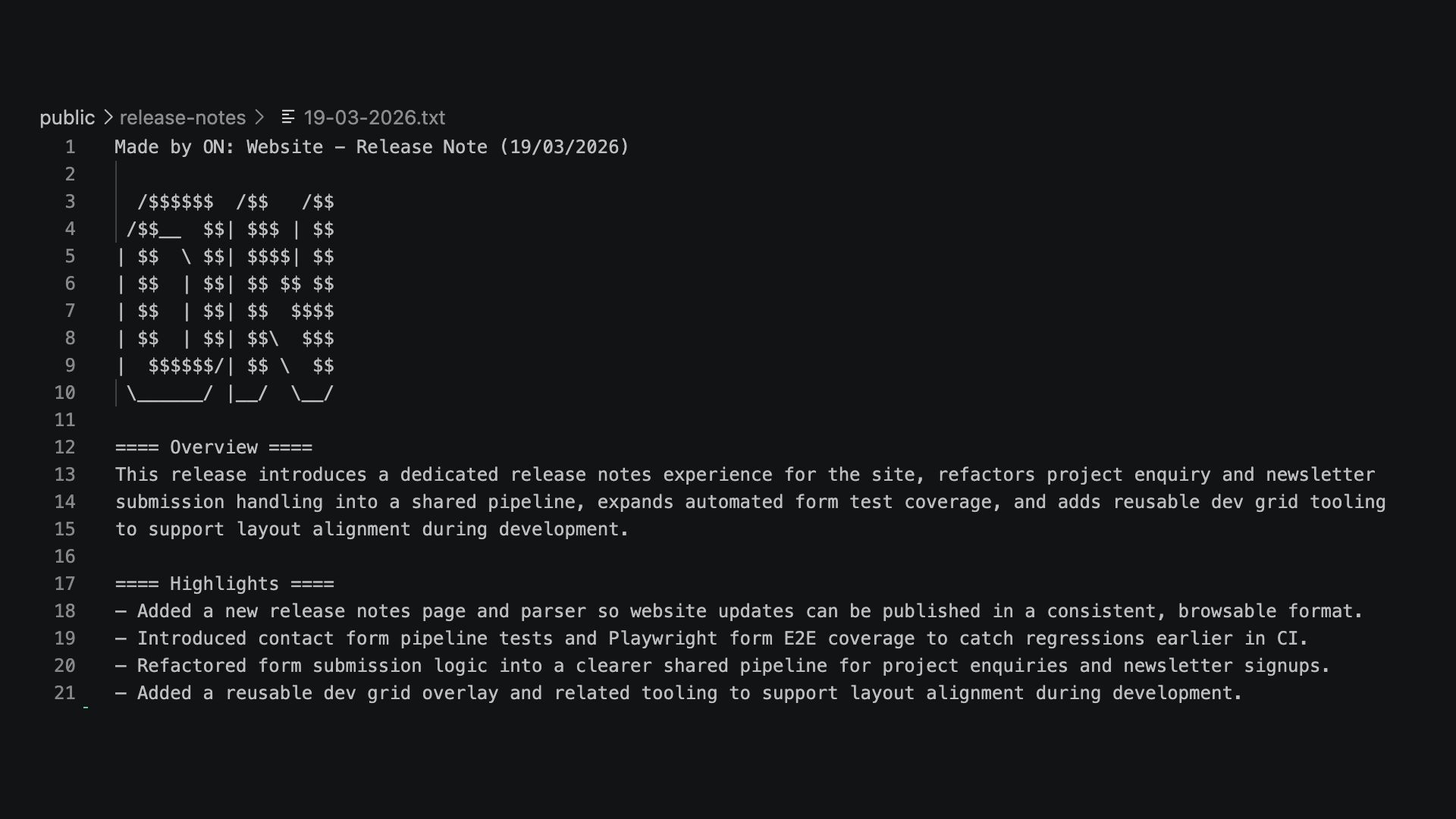 A weekly release-notes .txt file open in VS Code: ASCII-art ON logo at the top, then ==== Overview ==== and ==== Highlights ==== sections with plain-text bullets.