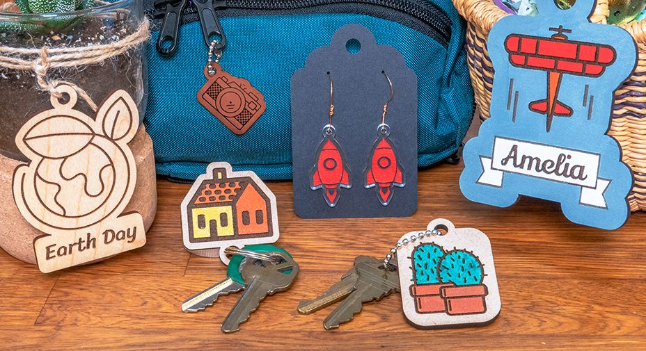 Assorted laser cut items, including laser cut keychains