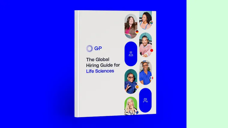 The Global Hiring Guide for Life Sciences."藍色背景,中央為白色。"GP" 標誌在標題上方。以不同個人的圓形圖像為特色,展現包容性。針對生命科學產業的簡潔、專業設計