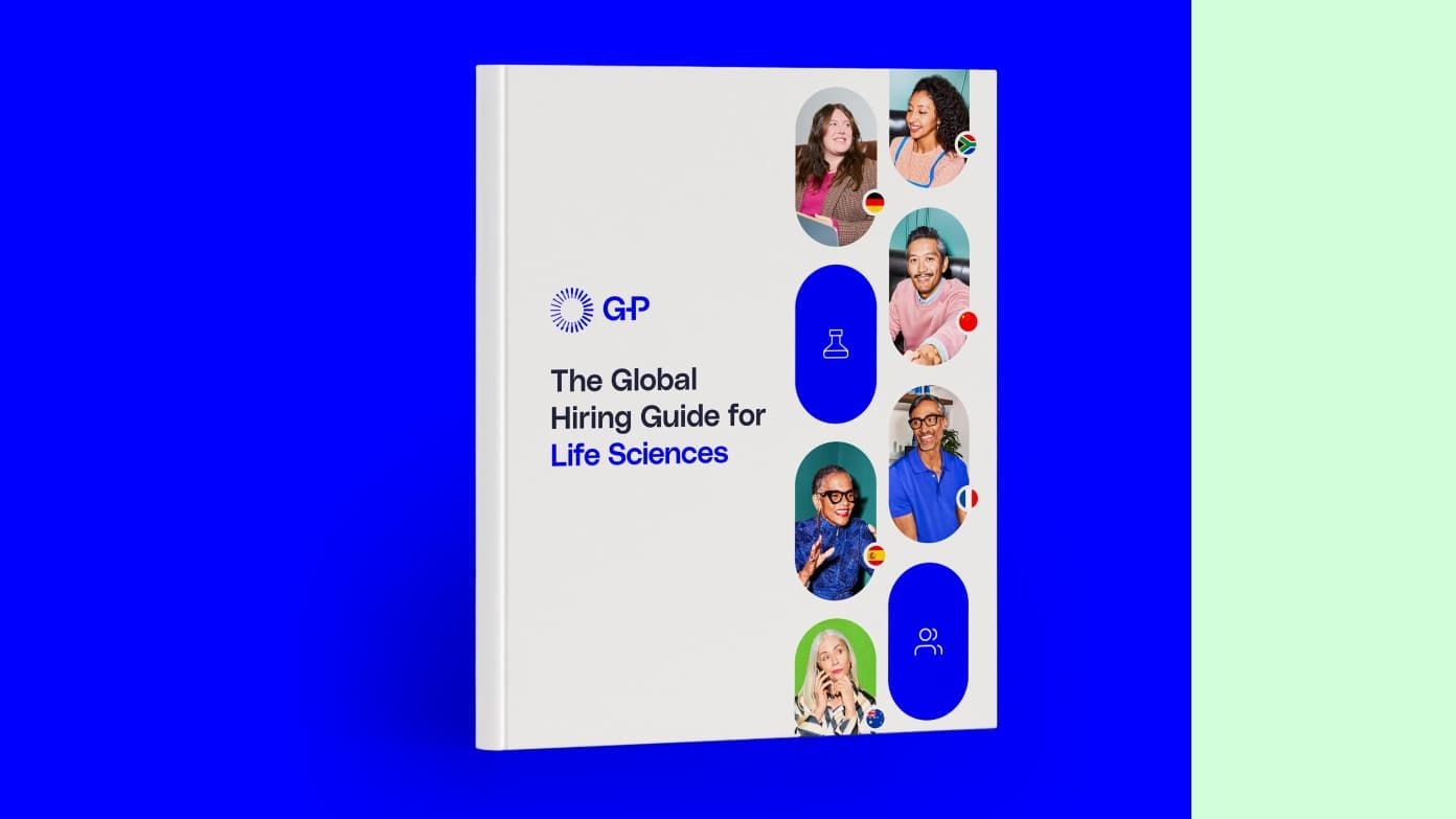 The Global Hiring Guide for Life Sciences." Blue background with white center. "GP" logo above the title. Features circular images of diverse individuals, suggesting inclusivity. Clean, professional design for the life sciences industry