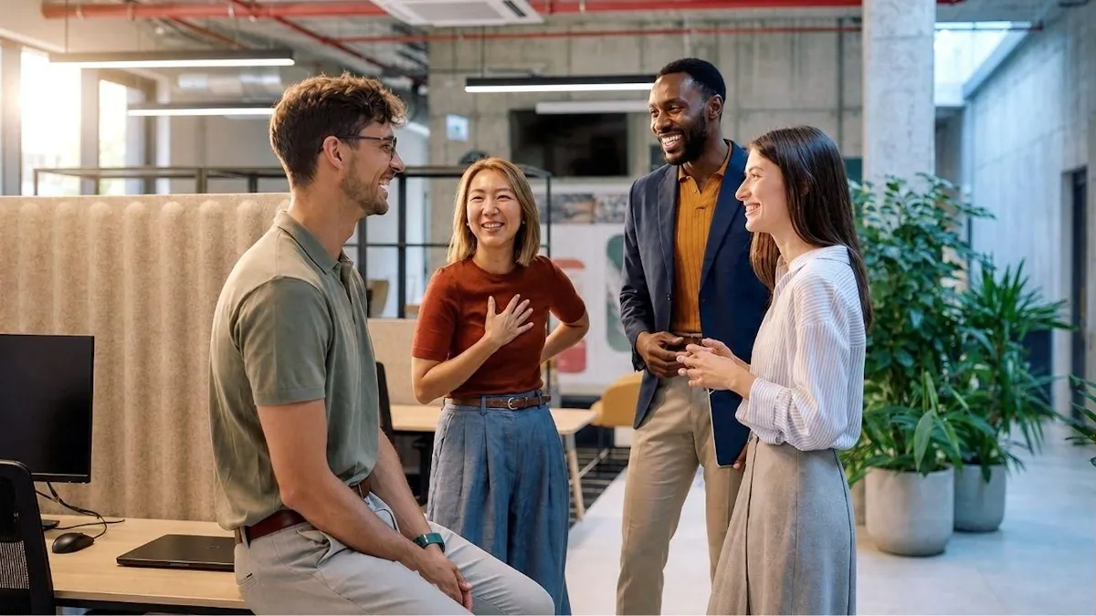 Three smiling coworkers drink coffee while casually chatting